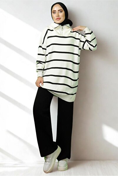TRENDTESETTÜR Women's Black Striped Knit Tunic t 1208-1