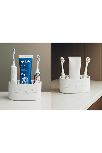 Nebron Kedi Motifli 3 Bölmeli Diş Fırçası & Diş Macunu Tutucu – Banyo Düzenle...