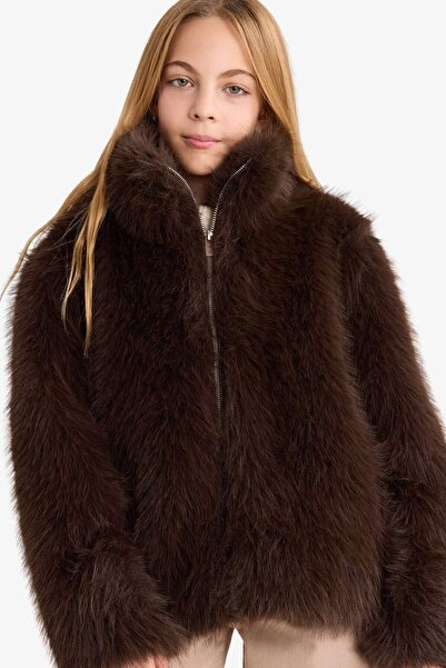 DeFacto Girl's Mock Neck Zipper Faux Faux Fur Coat G2763A825Wn