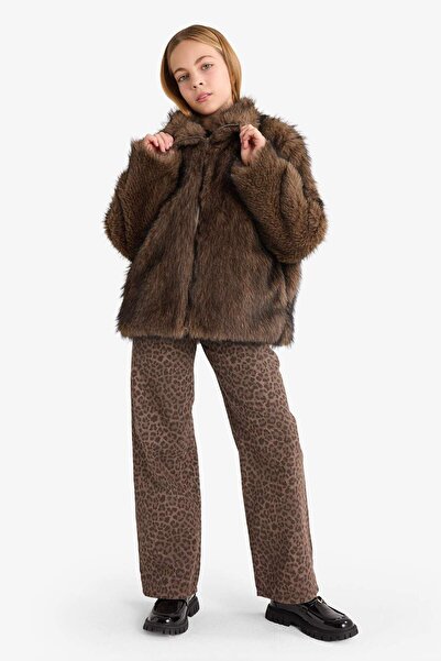 DeFacto Girl's Mock Neck Zipper Faux Faux Fur Coat G2763A825Wn