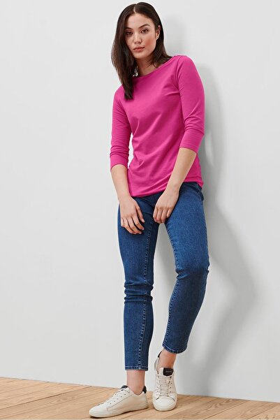 Tchibo Women Boat Neck Three Quarter Sleeve Plain T-Shirt, Pink