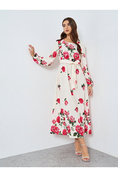 Take Two By Styli Floral Printed Tie Waist Elastic Cuffs Maxi Dress