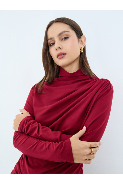 Take Two By Styli High Neck Ruching Detail Long Sleeve Top