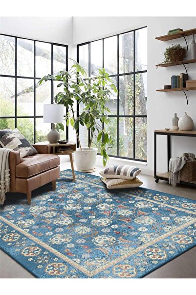 Serteks Vintage Desen Mavi Yıkanabilir Salon - Oturma Odası Halısı Yolluk Halı
