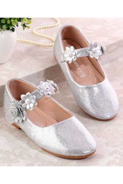 Cute Walk by Babyhug Velcro Closure Shimmery Ballerina with Floral Applique - Silver