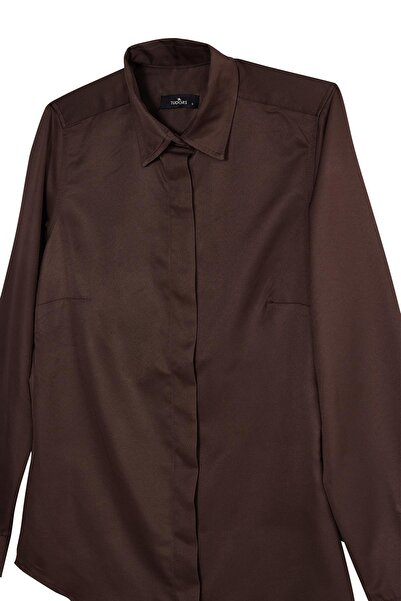 Tudors Women's Slim Fit slim fit body fitting long sleeve brown basic shirt with hidden button detail