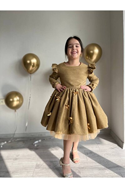 Sare Çocuk Giyim Deluxe Collection Girl's Brown Velvet Gold Bow Special Design Birthday Evening Dress