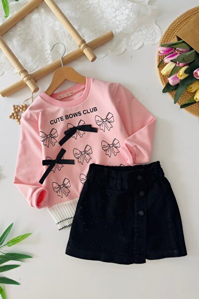 Minigimin Cicileri My Little Girl's Cicileri Bow Detailed Stoned Shorts Single Piece Girl's Set - Pink