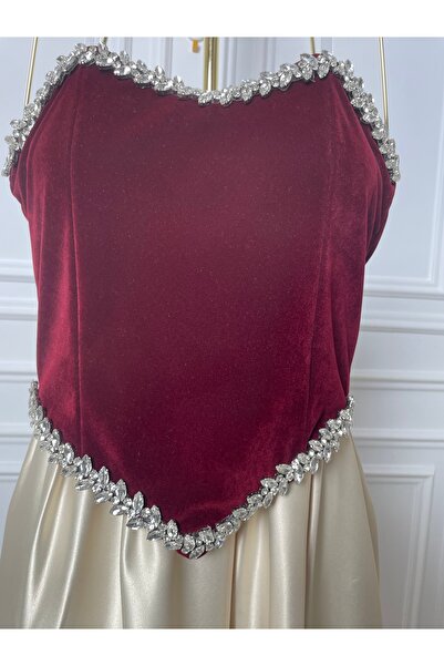 MASHN Elegant velvet evening dress in a sophisticated berry and beige color scheme for a distinctive photoshoot.
