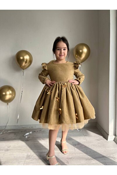 Sare Çocuk Giyim Deluxe Collection Girl's Brown Velvet Gold Bow Special Design Birthday Evening Dress