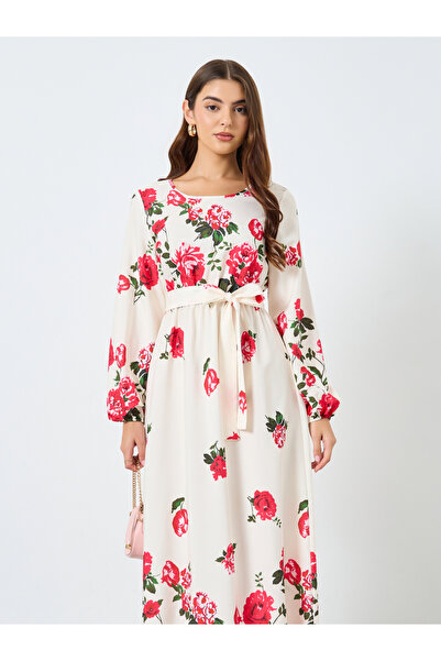 Take Two By Styli Floral Printed Tie Waist Elastic Cuffs Maxi Dress