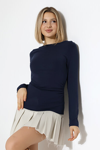 Endies Long Sleeve Boat Neck Gathered Side Bodycon Basic Women's Body T-Shirt 21951 Dark Blue