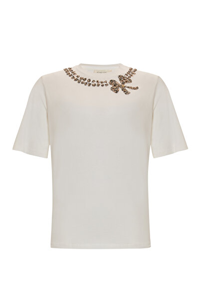 Exquise Embroidered Collar Short Sleeve Knitted Regular T-Shirt