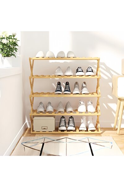 NIHAO 5-Tier Folding Shoe Racks, Foldable Bamboo Shoe Shelf Brown 70x23x82cm