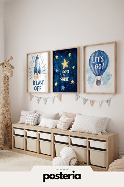 Posteria 3'lü Yıldız, Uçan balon,Roket,seti,Çocuk Odası Doğal Ahşap Tablosu, ...