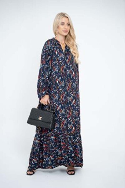 stellacloset Dark Navy Long Cotton-Feel Dress with Red Pattern (2025)