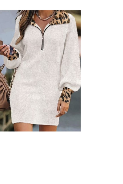 Genel Markalar Beyaz Mini Triko Elbise Hayvan Desenli