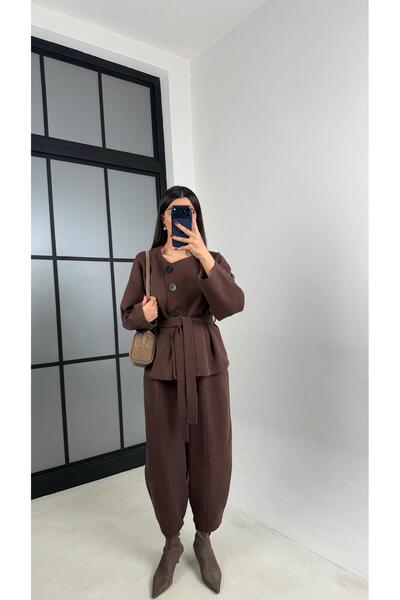Gaus Kahve Düğmeli Kuşaklı Ceket Beli Lastikli Şalvar İkili Premium Selanik Takım GAUS-00777