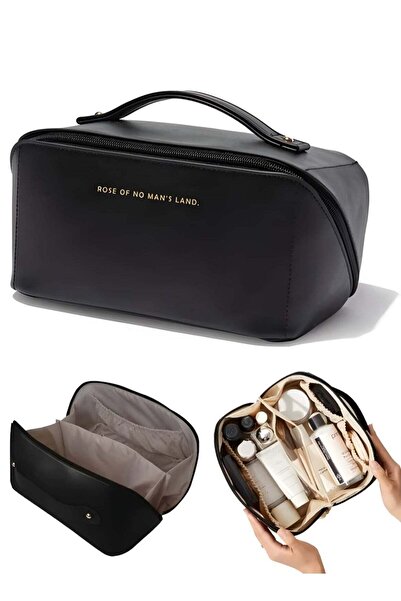 Generic Large Capacity Travel Cosmetic Bag, Waterproof PU Leather, Double-Layer, Handle, Brush Holders