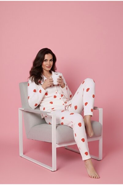 Free Beka Heart Pattern Long Sleeve Front Button Shirt Collar Women's Pajama Set
