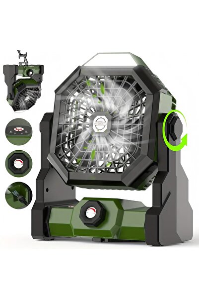 Generic 3 Speeds Camping Table Fan Rechargeable Tent Fan with Hanging Hook,with LED Light Operated (Green)