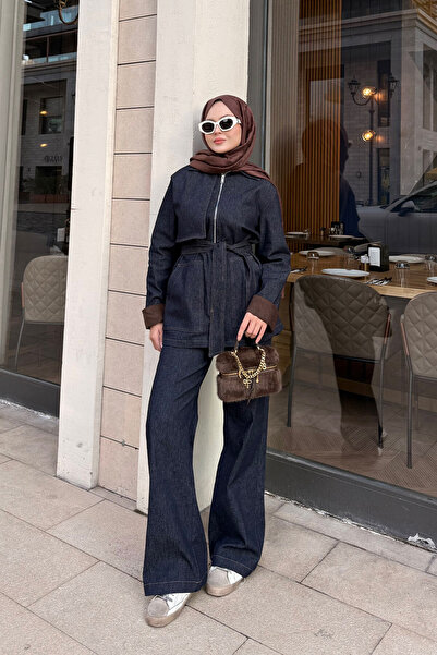 LOCCO Women's Sleeves Suede Detail Suit Navy Blue