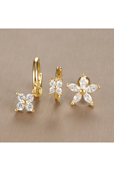 Choice 20-Gold-3PCS 3PCS Stainless Steel Zircon Flower Pendant Hoop Earrings Set for Women Simple Huggies C