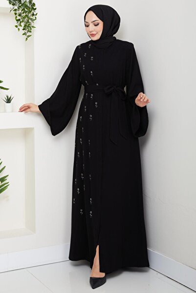 hafsamina Kuşaklı Çiçek Taşlı Ferace Siyah HM2853