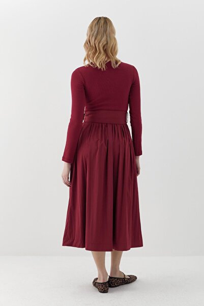MARKALİSTE Long Sleeve Ribbed Knit Dress Burgundy