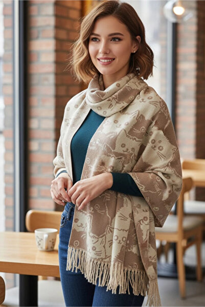 Cashmere KENDİNDEN KEDİ DESENLİ YÜNLÜ OMUZ ŞALI-Sütlü kahve