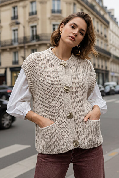 Salih Çelebi Πριμιούμινο Πλεκτό Γιλέκο 3005 - ΕΚΡΟΥ