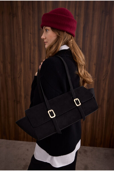 HEQA Suede Baguette Bag Black