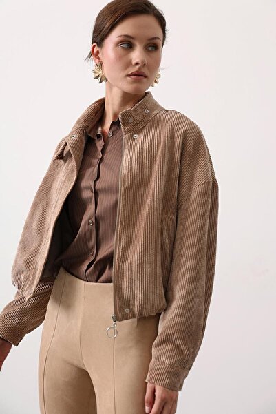 VAGGON Women's Brown Mock Neck Corded Fabric Bomber Velvet Jacket Vs01616