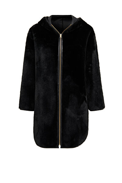 Derimod Artesina Women's Black Hooded Teddy Leather Coat 24Wgp5287Ff