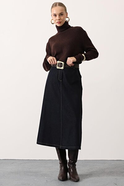 VAGGON Women's Navy Blue Belted 4-Pocket Midi Length Denim Skirt Vs01626