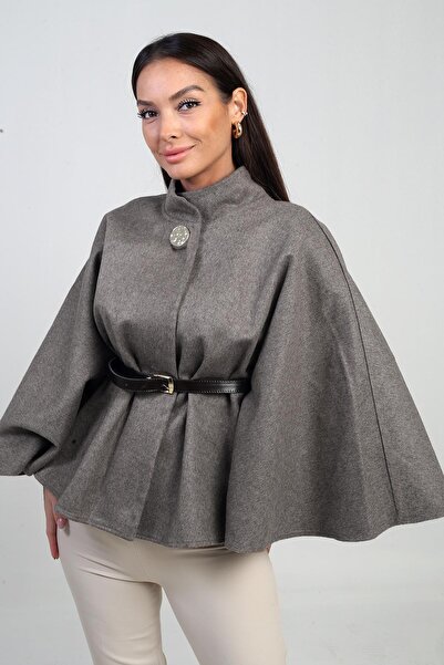 By Saygı Women's Single Button Waist Belted Cashmere Poncho