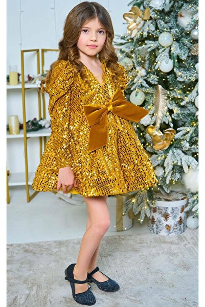 Riccotarz Girl's V-Neck Sequin Embroidered Skirt Puffy Velvet Gold Evening Dress
