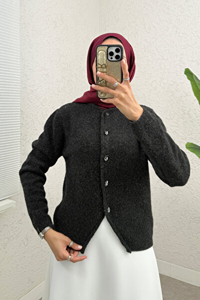 Salih Çelebi Crew Neck Buttoned Knitwear Cardigan 07295 - Anthracite