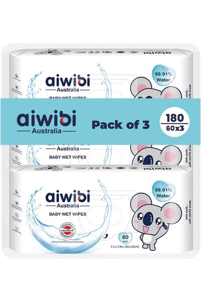 Aiwibi مناديل مبللة للأطفال، لطيفة على البشرة بنسبة 100%، 60 منديلًا - عبوة م...