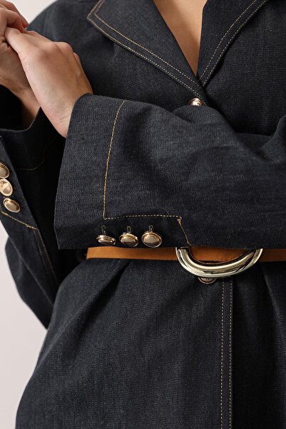 VAGGON Women's Navy Blue Buttoned Belted Jacket and Palazzo Pants Fit Denim Suit Vs01620