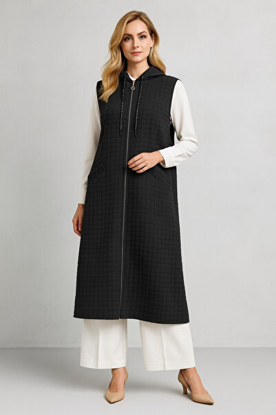 idoll 1096 KAPİŞONLU FERMUARLI ÖNÜ ZİNCİR DETAYLI KAPİTONE YELEK #10-25#