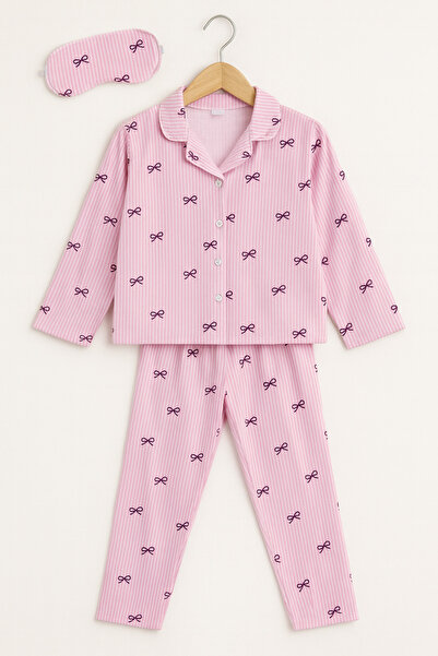 Beka Kids Ribbon Patterned Long Sleeve Buttoned Front Shirt Collar Girls' Pajama Set 100% Cotton and Glasses
