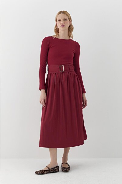 MARKALİSTE Long Sleeve Ribbed Knit Dress Burgundy