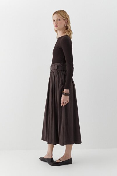 MARKALİSTE Long Sleeve Ribbed Knit Dress Brown