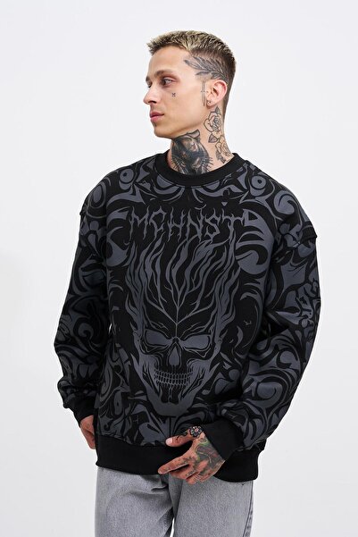 Machinist Men's Skull Printed Oversized Sweatshirt Black