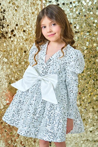 Riccotarz Girl's V-Neck Sequin Embroidered Skirt Puffy Velvet White Evening Dress