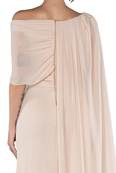 Arden Long Evening Dress, Chiffon Cape Sleeve Boat Neck Black, White, Purple, Powder, Wedding Fish Dress, 38-44