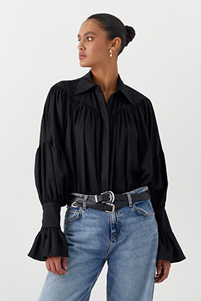 MARKALİSTE Volan Sleeve Detailed Gathered Shirt Black