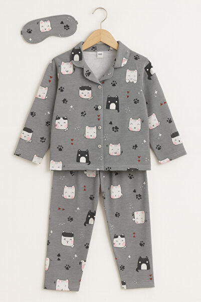 Beka Kids Cat Patterned Long Sleeve Buttoned Front Shirt Collar Girls Pajama Set 100% Cotton and Eye Patch