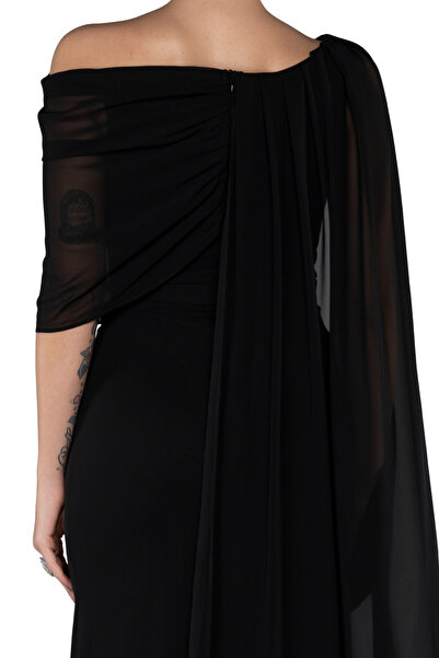 Arden Long Evening Dress, Chiffon Cape Sleeve Boat Neck Black, White, Purple, Powder, Wedding Fish Dress, 38-44